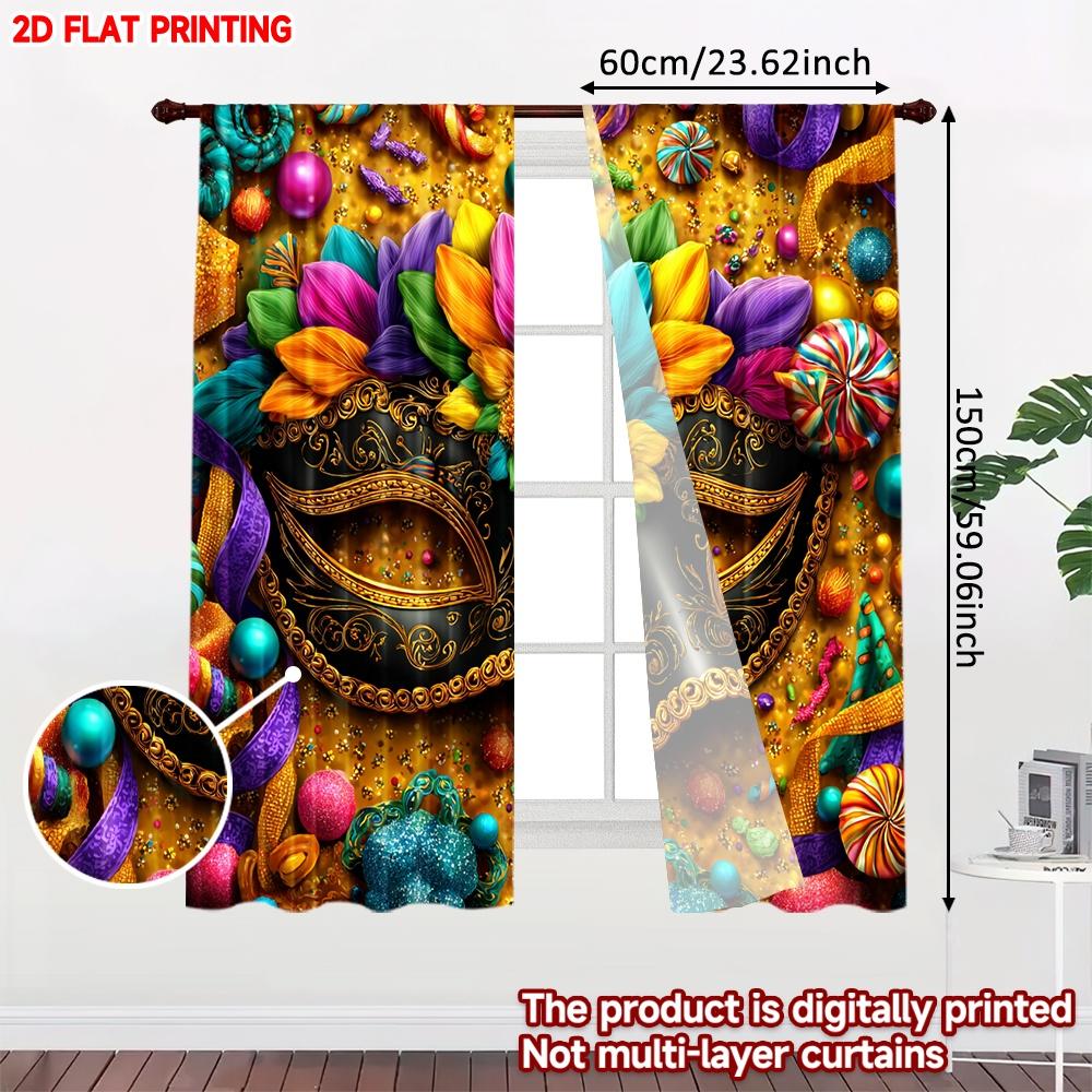 2D flat printing 2pcs Curtain Drapes Carnival Mask with Flowers Digital Printed Polyester Drapes Festive Curtains for New Year