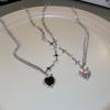 Kpop Black Heart Pendant Necklace Punk Shiny Rhinestone Star Asymmetric Chain Necklace For Women Neck Chain Y2K Jewelry