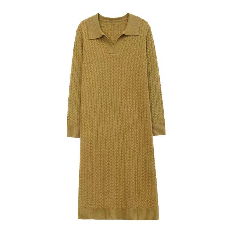 Twisted Knitted Dress for Women In Winter Thick Sweater Long Dress Fashionable Lapel Style Mid-length Sweater for Autumn and Winter