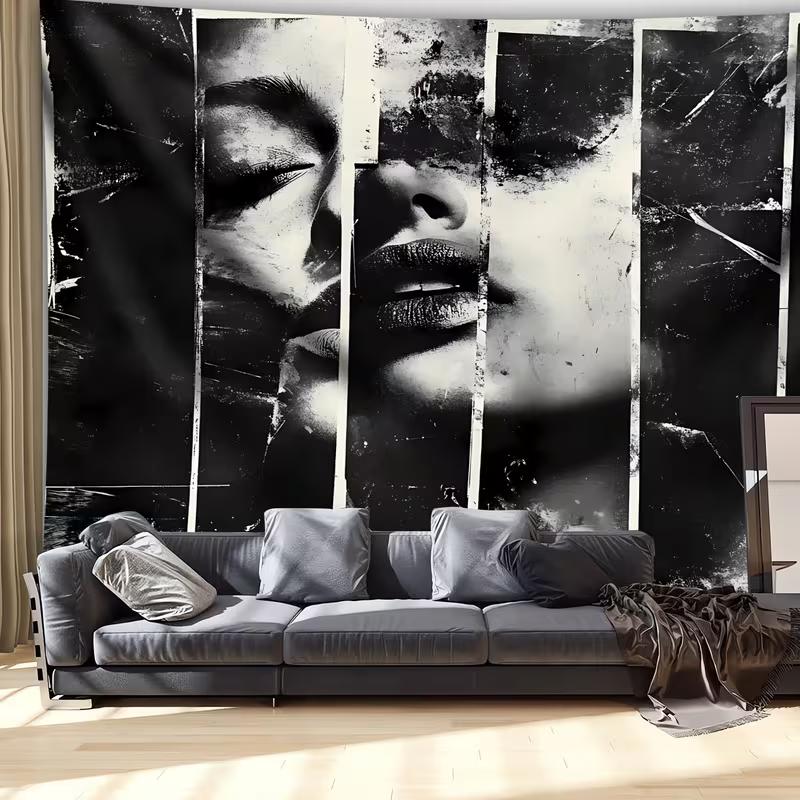 2D Dark Grunge Art Tapestry Black and White Woman Face Wall Hanging