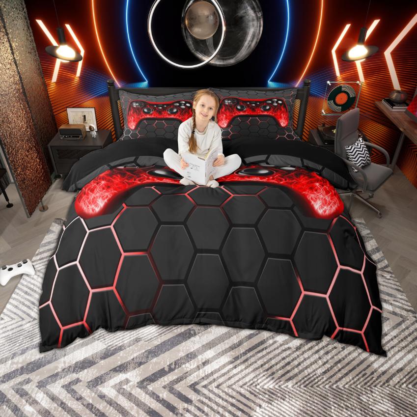 

Homewish Gamer Gaming Duvet Cover Set for Teen Boys Girls, Gradient Neon Honeycomb Bedding, Cool Gamepad Quilt Cover Set UK C 120x150cm 2pcs&set
