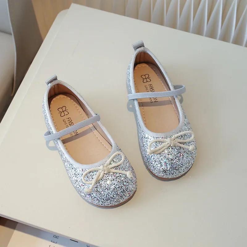 Little Girl Leather Shoes Sequins Fashion Children's Flats for Ballet Versatile Round-toe Kids Causal Princess Shoes Soft Bottom