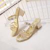 Rhinestone sandals women's summer new thick heel open toe middle heel versatile one shoe two wear sandals women's shoes