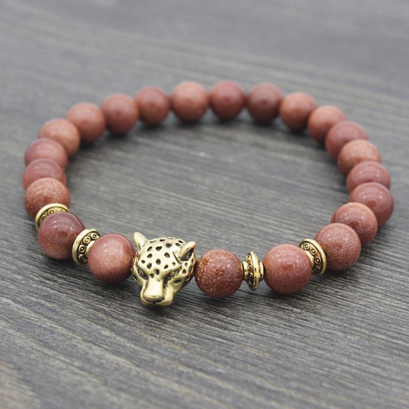 Gold Sandstone Leopard Head Alloy Bracelet