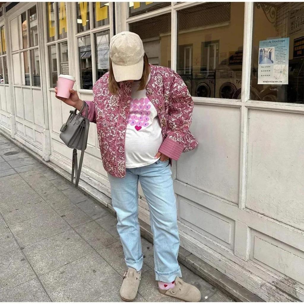 Damen Neue Gesteppte Baumwolljacke mit Blumendruck Herbst Winter Verdickte Stehkragen Langärmlige Lockere Jacke Mode Oberbekleidung