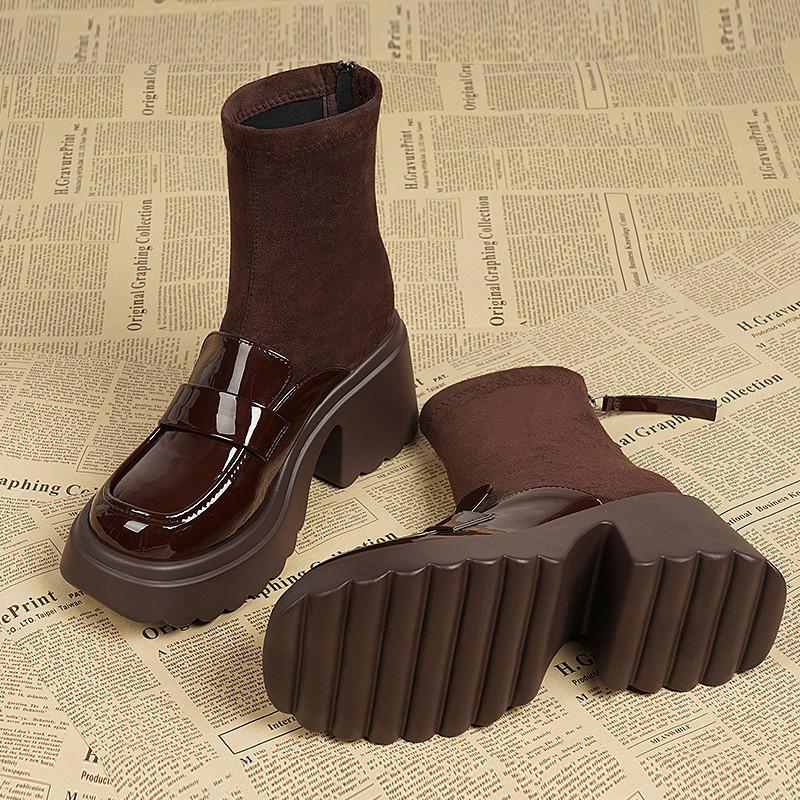 Women's Thick Heel Cotton Boots Winter New Round Head Splicing Elastic Cloth Back Zipper Thick Sole Non-slip Short Boots