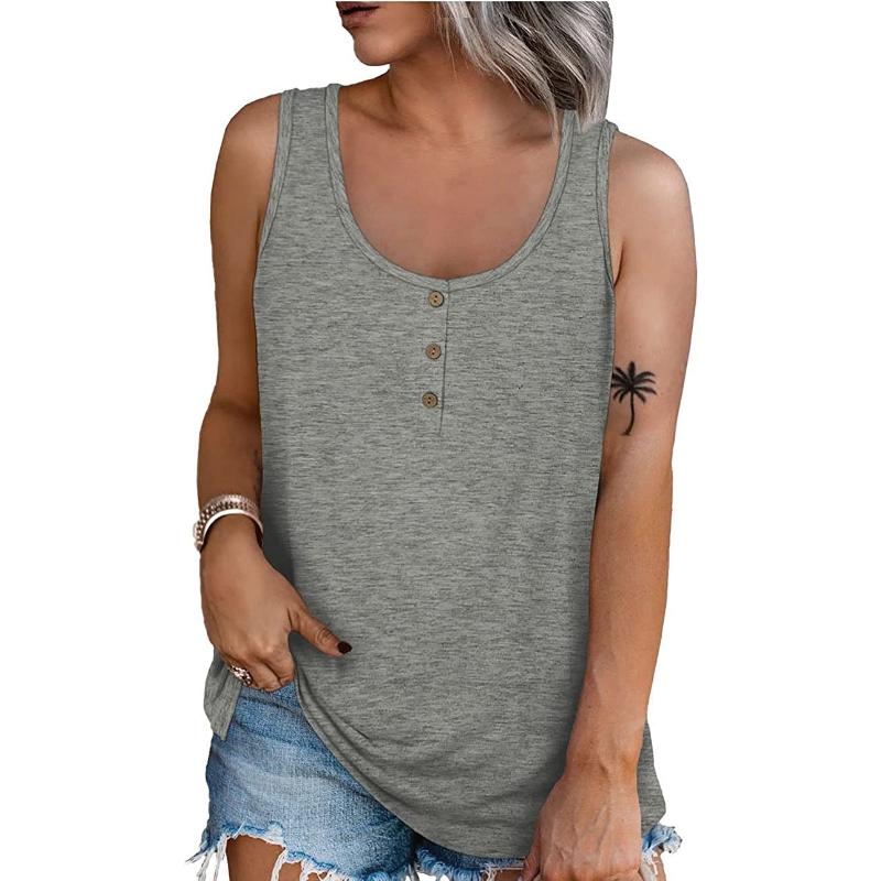 Women's Solid Color Henley Tank Top, Round Neck Button Front Sleeveless Loose Casual Summer Daily Wear T-shirt