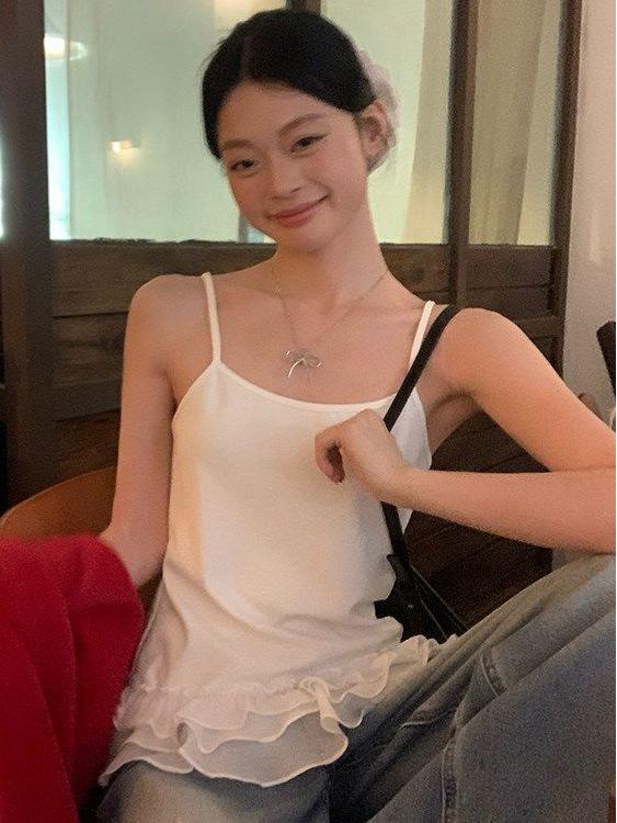Pure Desire Cotton Lace Ruffle Camisole: Women's White Tank Top for Spring/Summer - Spicy Girl Style