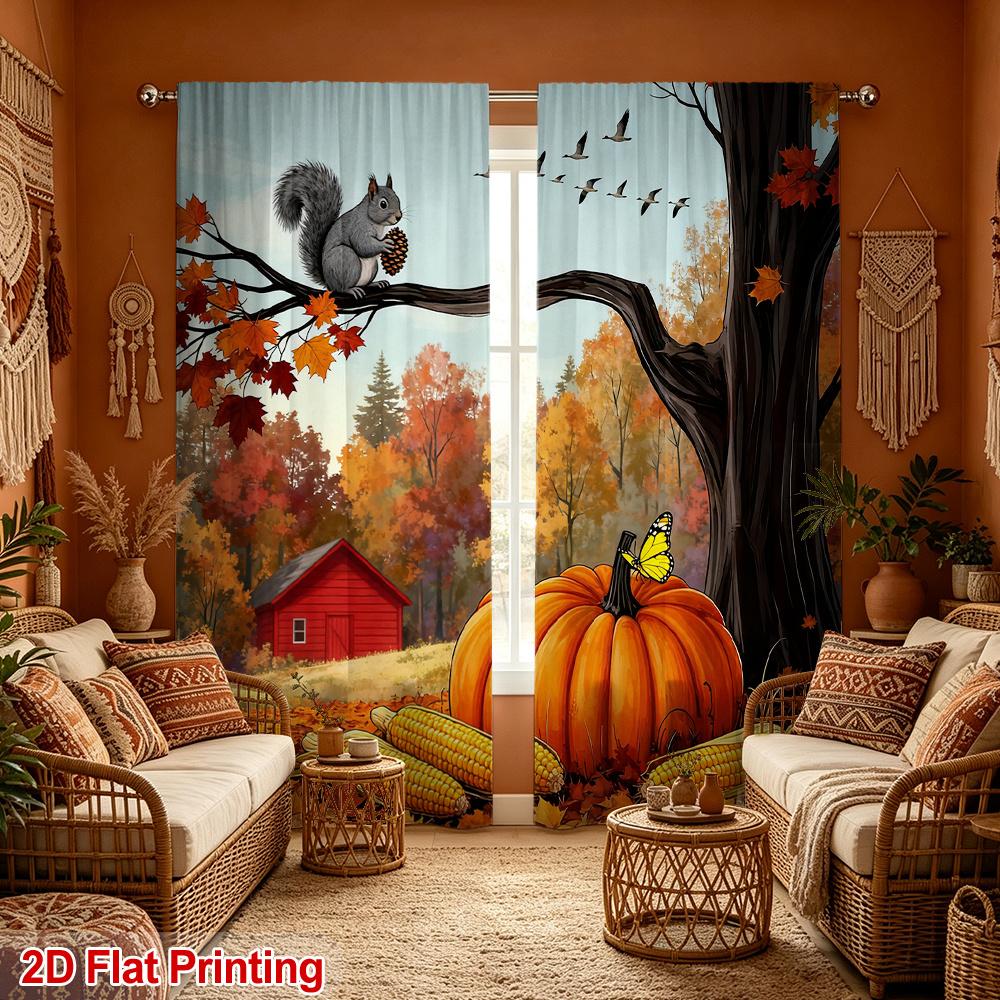 2PCS Thanksgiving Fall Curtains, Squirrel Pumpkin Farm, Digital Print, Bedroom Living Room, Office, Kitchen, Polyester