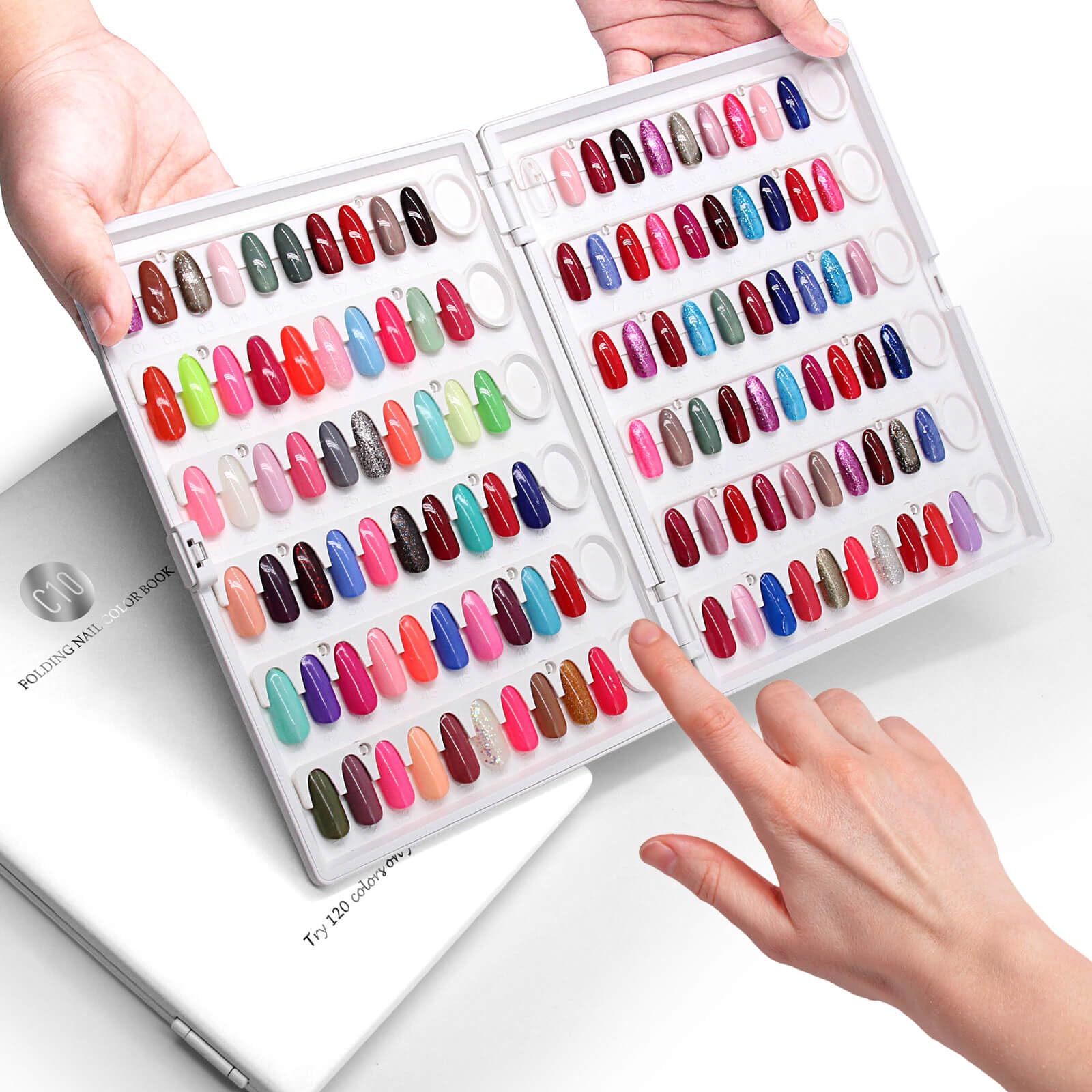 

C10 Nail Color Chart Book Образец цветовой палитры В комплект входит образец цвета. Лента не требуется. Съемный чип. Перерабатываемый прозрачный чип.