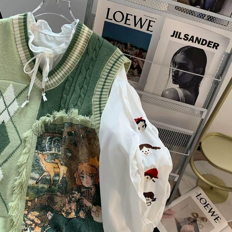 2025 Girls' Knitted Vest & Shirt Two-Piece Set - Stylish Spring/Autumn Fashion