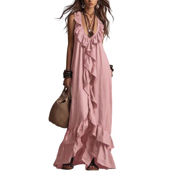 Women Bohemian Long Dress Summer Ruffle Deep V Neck Sleeveless Swing Dress Solid Color Loose Casual Beach Vacation Maxi Dress