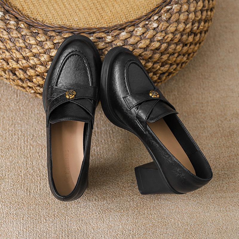 Sheepskin 7.5cm Heel Retro Camellia Loafers: Chunky Heel Black Leather Slip-On Shoes