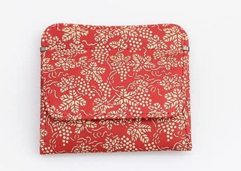 Inden Yushichi Uehara Genuine Leather with Card Coin Purse with Four Sides Model Number Red Background X White Grape Genuine Made In Japan [INDEN-YA]