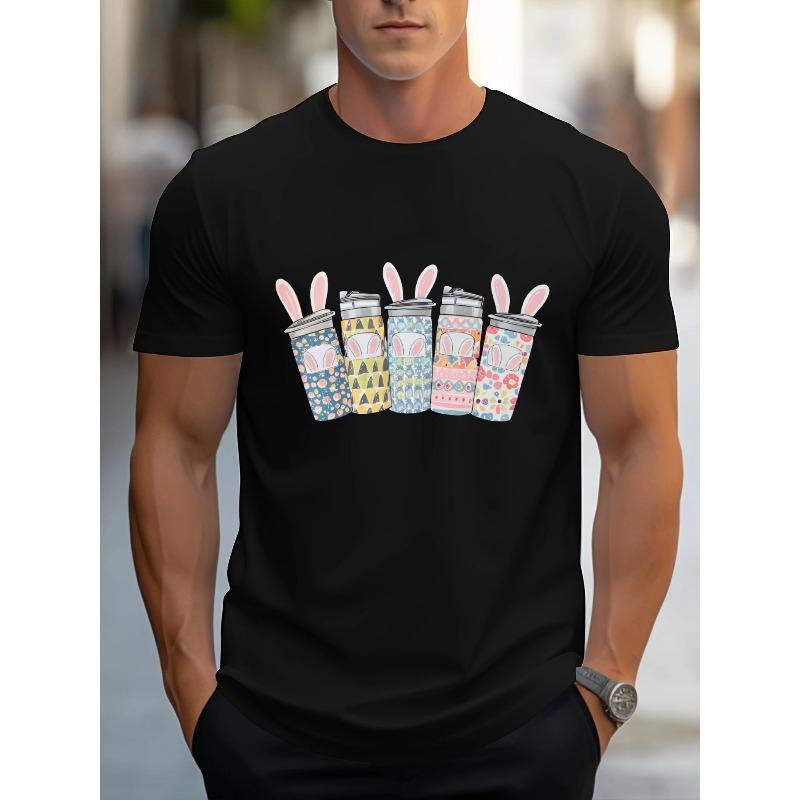 

European Size Men s Navy Crew Neck Graphic T - Shirt with Colorful Tumbler & Pink Rabbit Ears Pattern, Casual Muscular Build Fit 4XL чорний