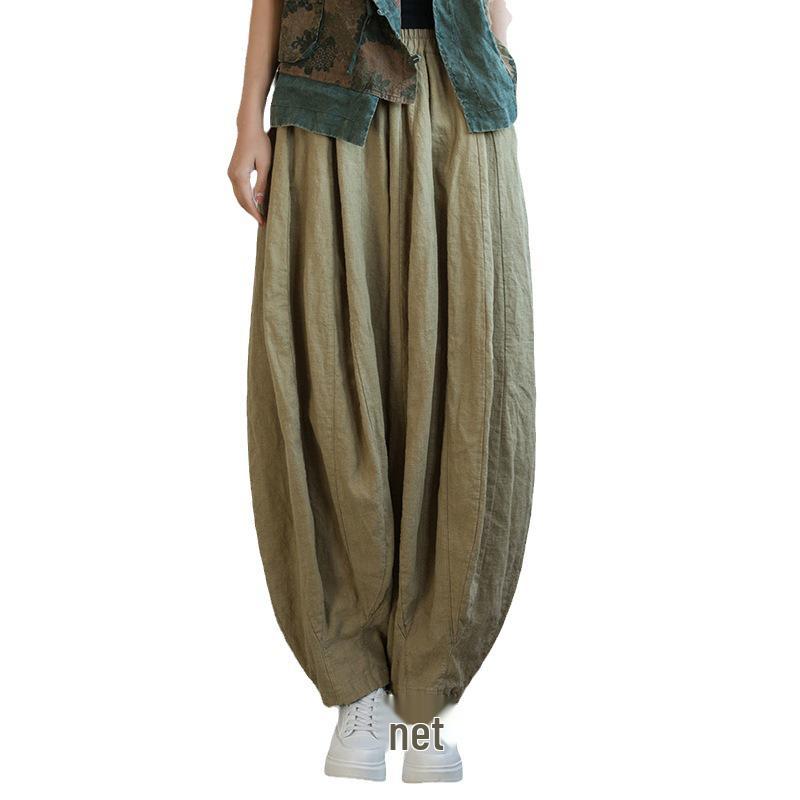 Ramie Cotton Distressed Patchwork Lantern Pants - Women's Spring/Summer Pumpkin Long Pants