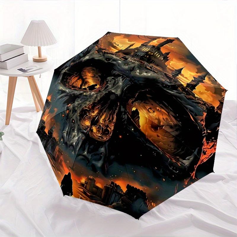 

1pc Fiery Skull-Shaped Fortress Pattern Beautiful Looking Automatic Folding Umbrella, 3 Folding, 8 Iron Frame Design, Durable and Suitable for Tr