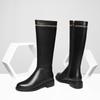 Krazing Pot Cow Leather Autumn Winter Shoes Thick Med Heels Big Size 45 Size 44 Zipper Decoration Women Keep Warm Knee Boots