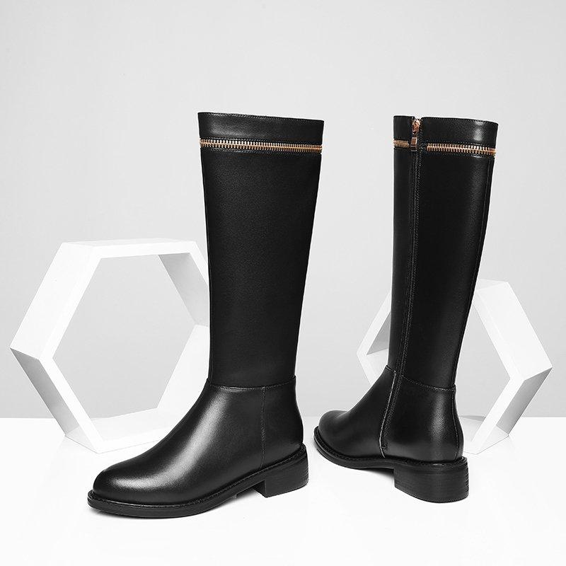 Krazing Pot Cow Leather Autumn Winter Shoes Thick Med Heels Big Size 45 Size 44 Zipper Decoration Women Keep Warm Knee Boots