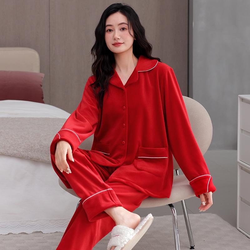 Red Pajamas Women'S Autumn And Winter Island Fleece Thickened Fleece Winter Thin Fleece Coral Fleece Natal Year Flannel Loungewear