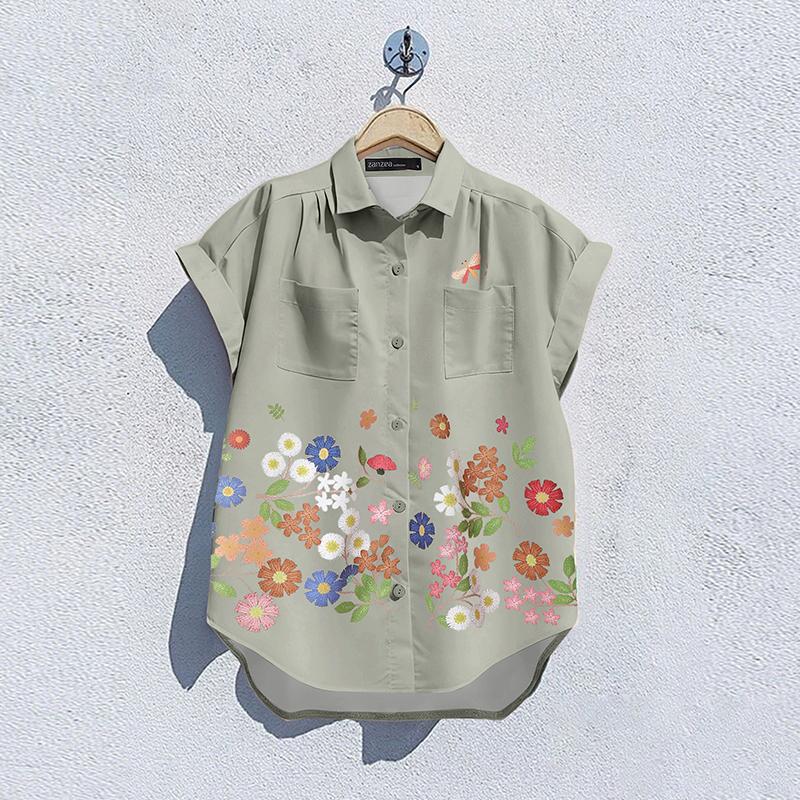 

ZANZEA Женская повседневная блузка с цветочным принтом, летняя, с коротким рукавом и отложным воротником 5XL зелёный