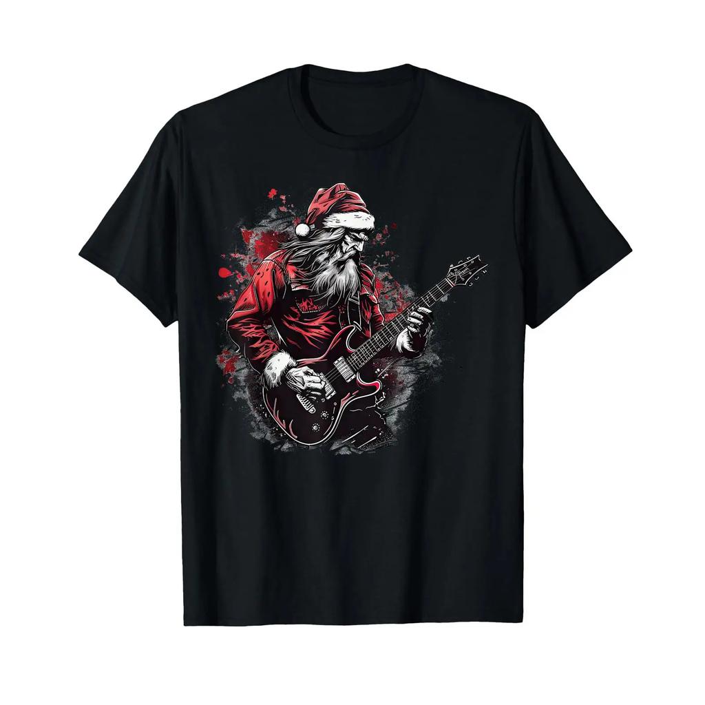 Rocker Santa Electric Guitarist Heavy Metal Rebel Xmas T Shirt Black Vintage Washed Unisex Soft Graphic Streetwear Versatile