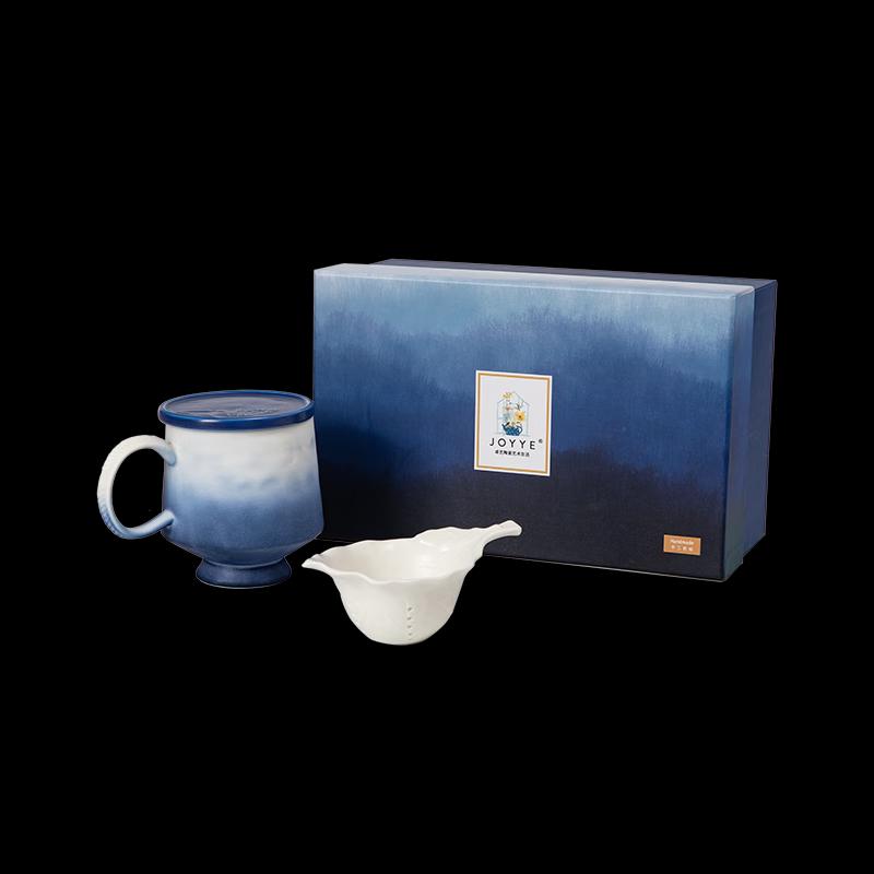 JOYYE Blue Dye Ceramic Mug Set with Lids & Handles