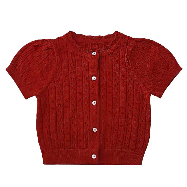 Girls Korean Summer Knit Bubble Sleeve Cardigan - Pure Cotton, Thin Short Sleeve Jacket for Kids 90cm красный