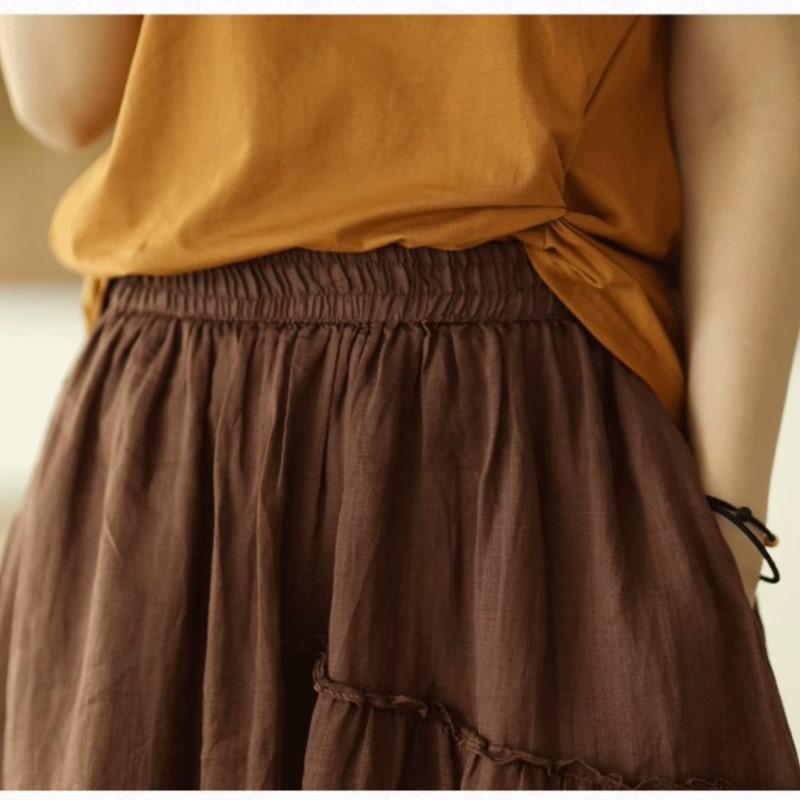Johnature Women Patchwork Vintage Skirts Elastic Waist Solid Color High Quality Cloths Soft Women A-Line Skirts