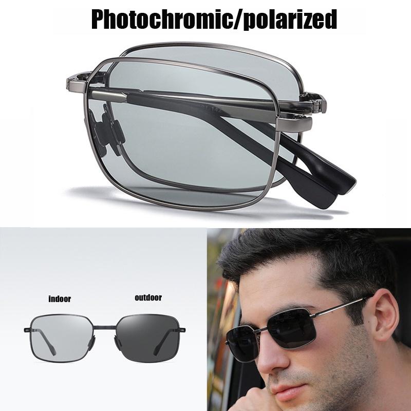 Folded Square Sunglasses Men Photochromic Shading Metal Outdoor Polarized Driving Sun Glasses