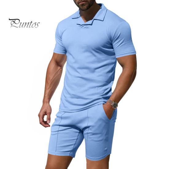 

2 шт./комплект мужской наряд пуловер с коротким рукавом отворот топы эластичный шнурок талия карманы шорты комплект однотонная спортивная одежда M синий