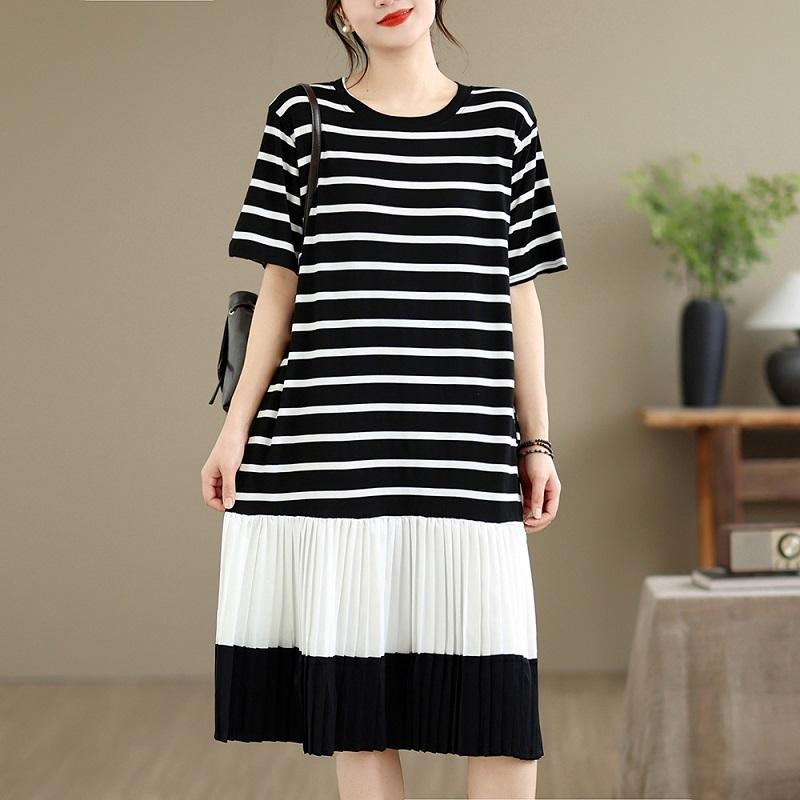 Short sleeve Plus size vintage Stripe patchwork new in dresses for women casual loose long summer dress