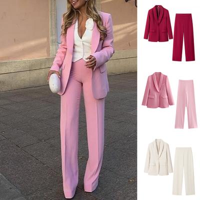 2Pcs/Set Women Office Outfit Lapel Long Sleeve Single Button Suit Coat High