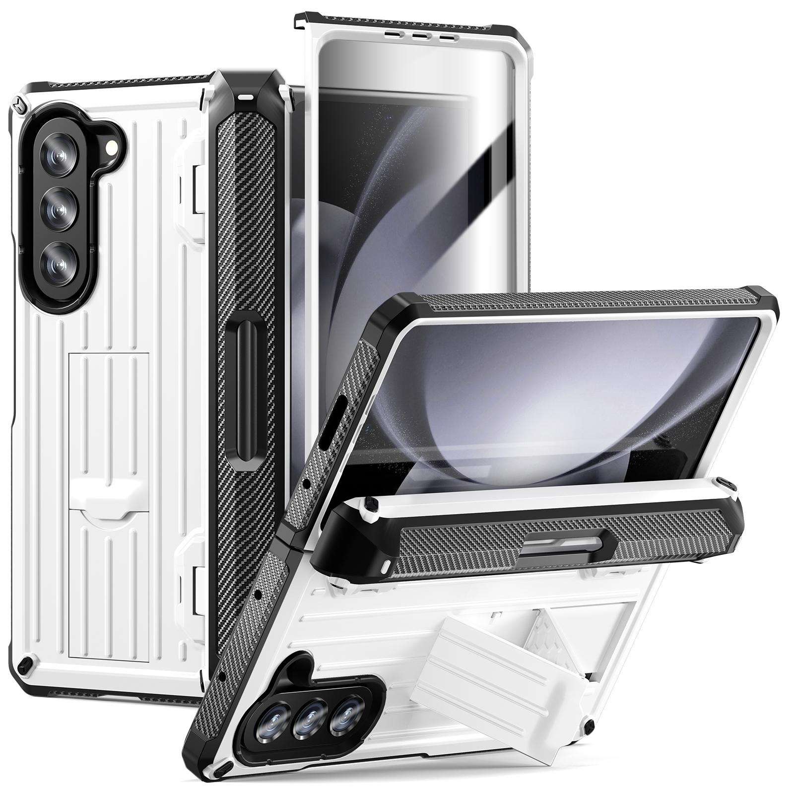 

For Samsung Galaxy Z Fold5 5G Pen Holder Hinge Protection Folding Case PC+TPU Kickstand Phone Cover with PET Screen Protector White