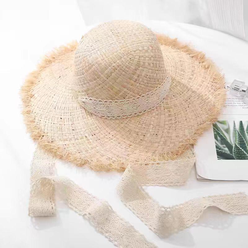Fashion Handmade 100%natural Raffia Dame Top Big Brim Straw Hat Beach Girl Holiday Panama Sunscreen Breathable Sun Hat sale
