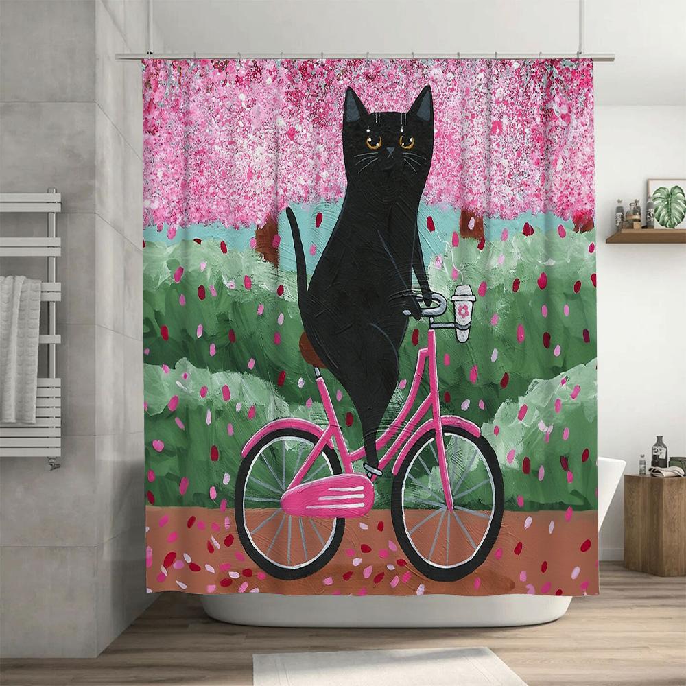 Cat Bicycle Shower Curtain Vintage Cycling Lover Gift Unique Home Decor Artistic Black Kitty Riding Bike Bathroom Fabric
