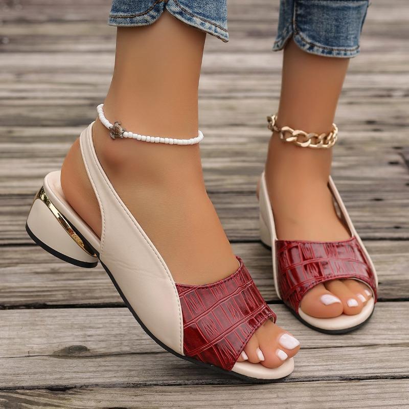 Ladies' Contrasting Color Elegant Sandals, Ankle Cushioned Plaid Comfortable Thick Heel Shoes, Casual Open Toe Shoes