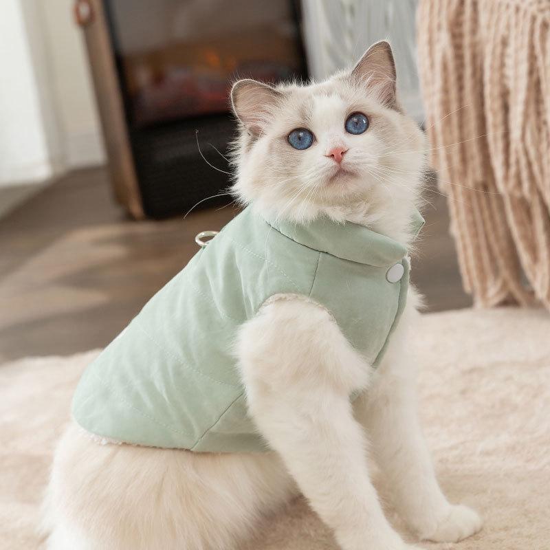 Winter thickened warm cat clothes cloth label quilting cotton vest autumn two-legged puppet blue cat can pull pet clothing