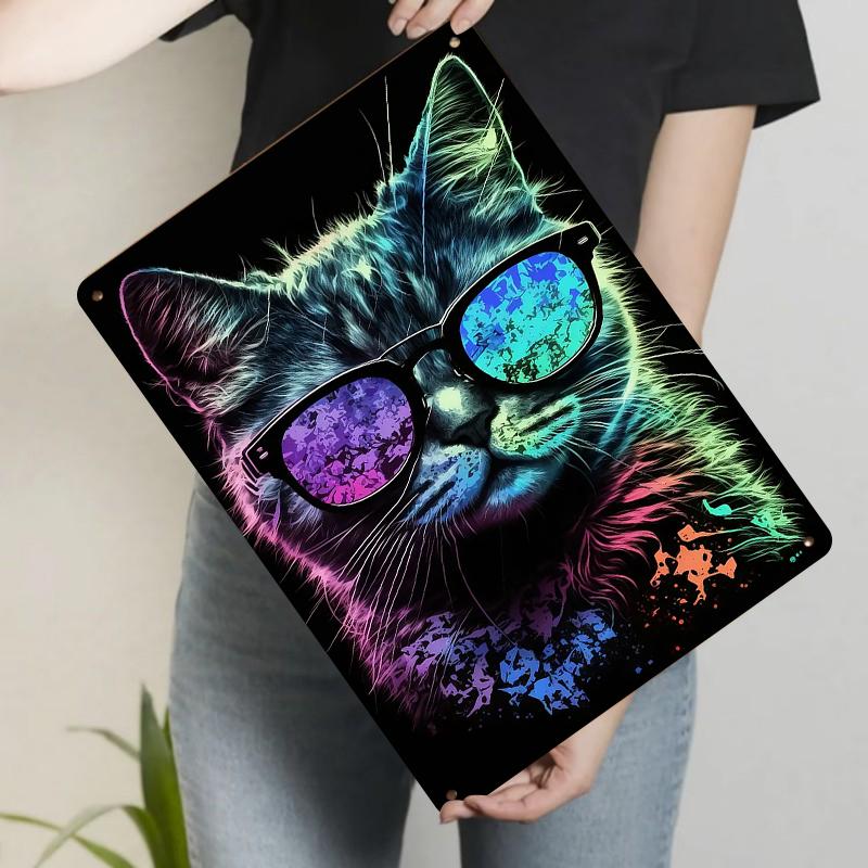 

Neon Sunglasses Cat Art Metal Tin Sign Modern Home Decor Wall Hanging Living Room Bedroom Creative Decoration 20x30cm（7.8x11.8inch）