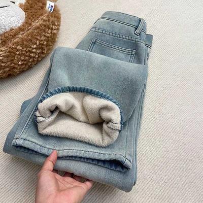Calças Femininas Acolchoadas Cintura Alta Calças Compridas Tamanho Grande Espessas Elásticas Cor Sólida Versátil Casual Calças Jeans