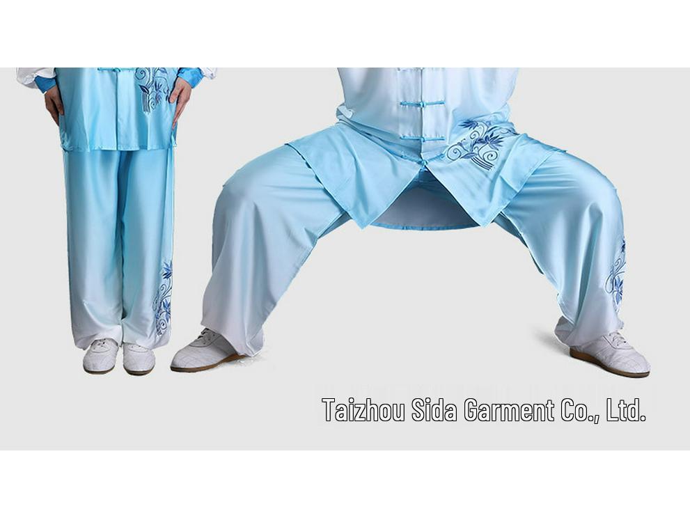 Blue & White Porcelain Gradient Tai Chi Suit: Embroidered Performance & Practice Attire for Women & Men.