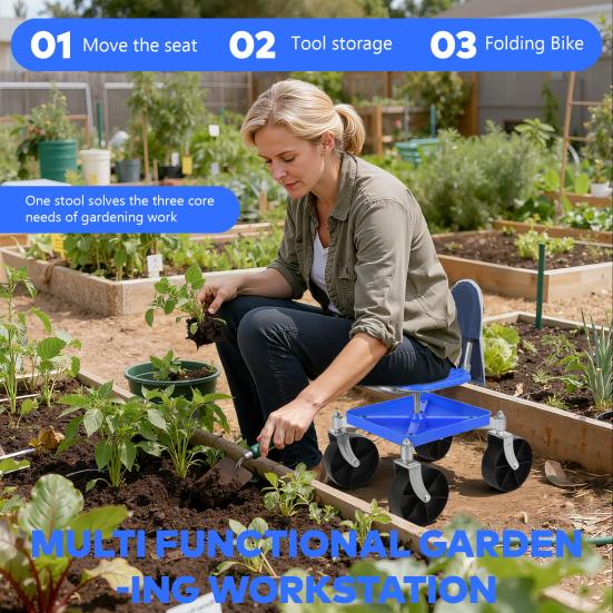 Gardening Work Seat Rolling Seat Height Adjustable Garden with Wheels Heavy Duty Tool Cart Storage Tray for Seniors Yard Patio Work 330