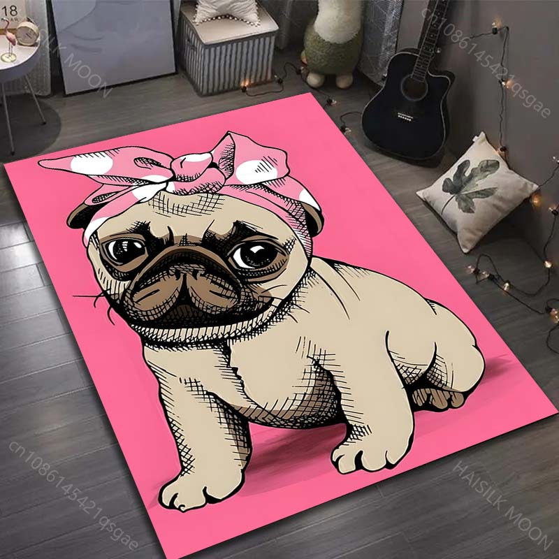 17 Stile Niedlicher Mops-Druck Teppich für Wohnzimmer Schlafzimmer Sofa Fußmatte Heimdekor Bereichsteppich Rutschfeste Bodenmatte Große Größe