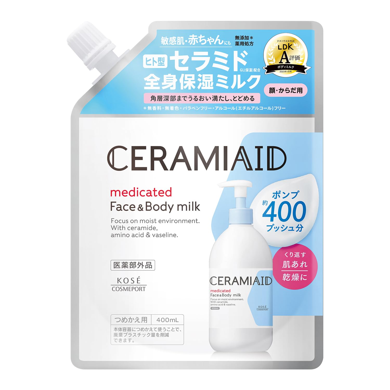 

CeramiAid Medicated Skin Milk Refill for Sensitive Full Body Moisturizing Milk with 400ml [Quasi-drug] Skin, Ceramide, белый
