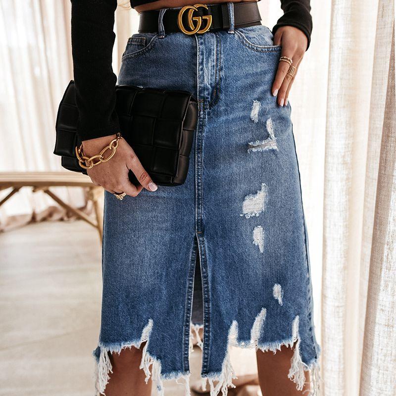 

Summer New Hole Raw Edge Beggar Denim Skirt Blue M