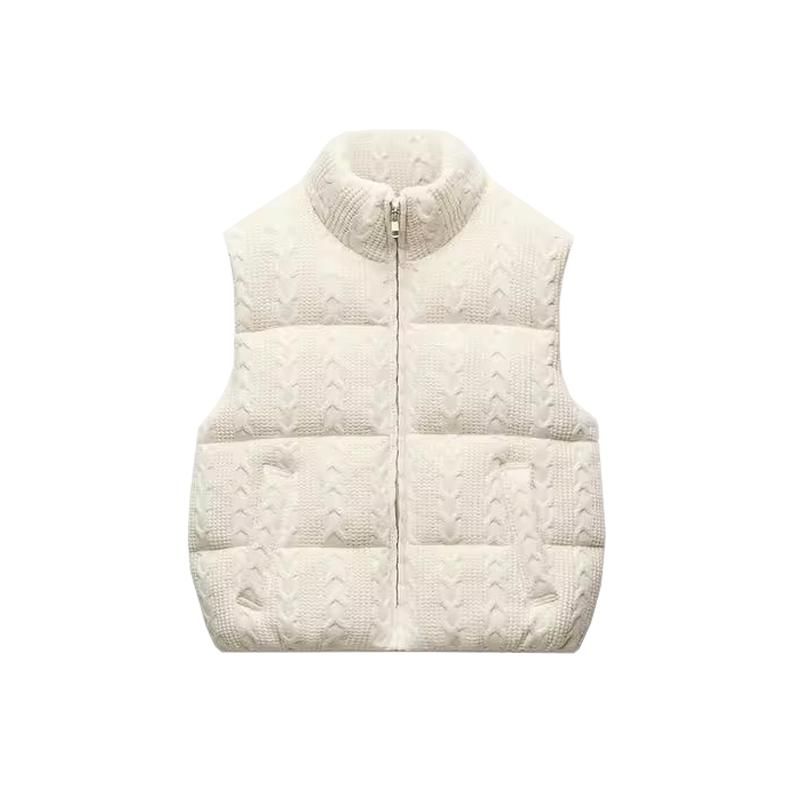 Fall and Winter New Women's Clothing Fashion Style Stand Collar Sleeveless Zipper Ornament Short Knitting Cotton-Padded Jacket Vest 6318224
