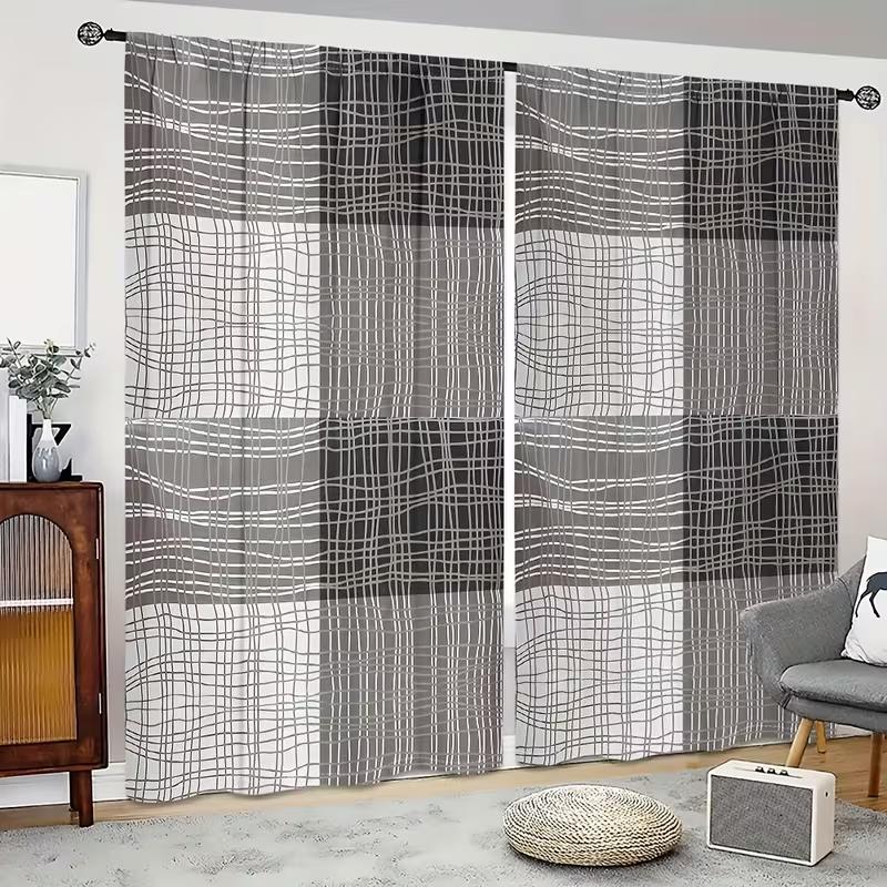 Modern Grey Grid Stripe Curtains Minimalist Style Suitable Bedrooms Living Rooms Decorative Curtain For Room Made Of Polyester With Rod Pocket