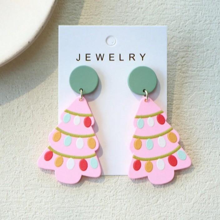 Floral Delightful Geometric Pink Christmas Tree Ear Studs For Celebrations Joyful