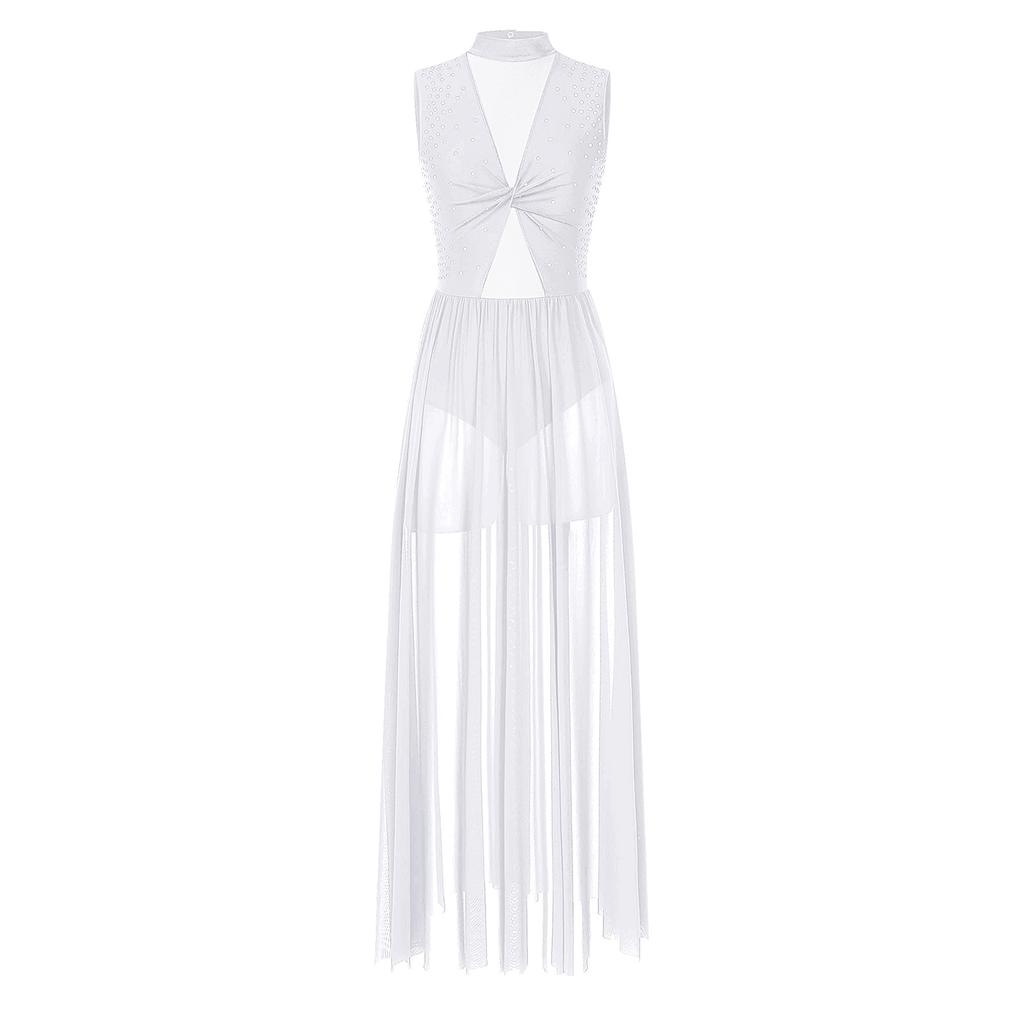 Womens Shiny Rhinestone Lyrical Dance Dress Mock Neck Sleeveless Open Back Twist Front Sheer Mesh Overlay Leotard