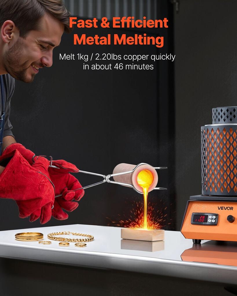 Electric Melting Furnace, 1350W Electric Melting Furnace Kit, 2102/1150 Metal Smelting Machine with 3kg Ceramic Crucible, Gold Smelting Kit for
